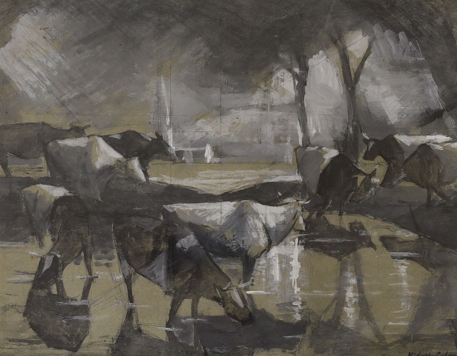 Michael Lawrence Cadman (1920-2010), oil on canvas, Study of Van Fleet Roses, signed and dated '58, 45 x 34cm, a watercolour of a beach scene and another of a herd of cows, both by the same artist